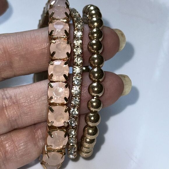Three separate gold tone stretch bracelets - Gold bead, pink stone & rhinestone - Picture 3 of 3